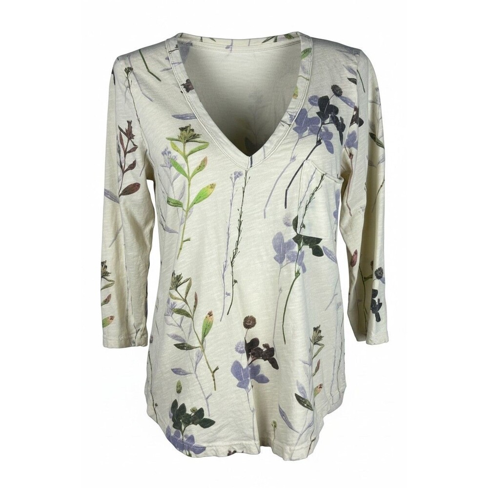 t.la Small Anthropologie T-Shirt Cream 3/4 Sleeve Floral Cotton VNeck Pocket Tee